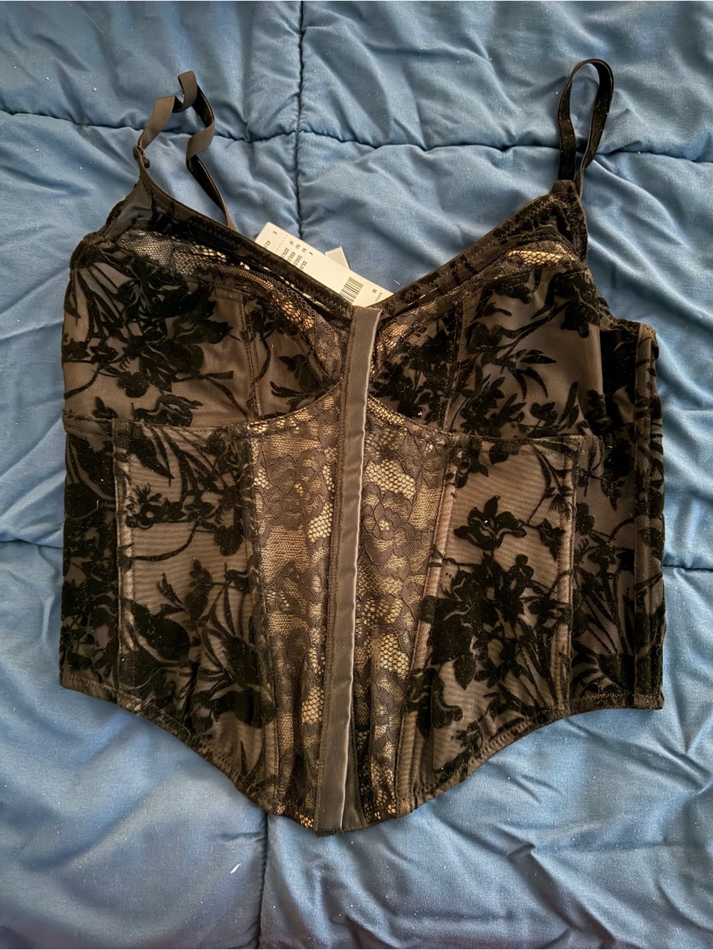 Urban Outfitters Out From Under Flocked Velvet Corey Mesh Lace Corset in Black